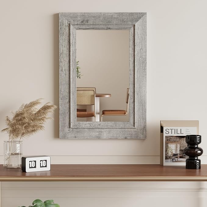 Rustic Wall-Mounted Vanity Mirror, Solid Wood Frame Bathroom Mirror, Farmhouse Style for Living Room, Bedroom, Entryway, Horizontal/Vertical Hanging