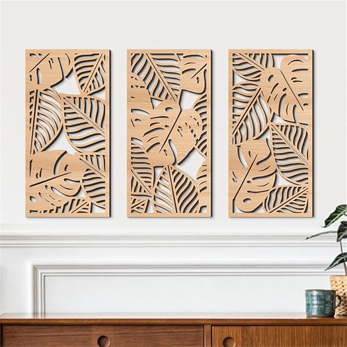3 Pcs Tropical Leaf Wood Wall Art Decor, Wooden Palm Leaves Wall Hanging Decor, 3D Hollow Carved Craft Art Set, Boho Abstract Wall Sculptures Panels Decoration for Home Living Room Bedroom Kitchen (A)