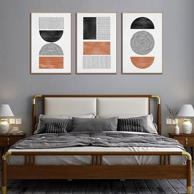 Framed Wall Art Canvas Set Mid Century Boho Pictures Modern Geometric Wall Decor Minimalist Black Brown Bohemian Abstract Painting Artwork for Living Room Bedroom Office 24"x36"x3 Natural