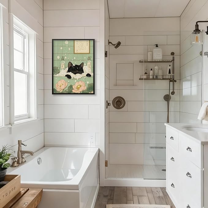 Black Cat in Bathtub Poster Vintage Japanese Bathroom Wall Art 24X36 inch Black Framed Funny Cute Animal Canvas Prints for Bedroom Restroom Toilet Wall Decor
