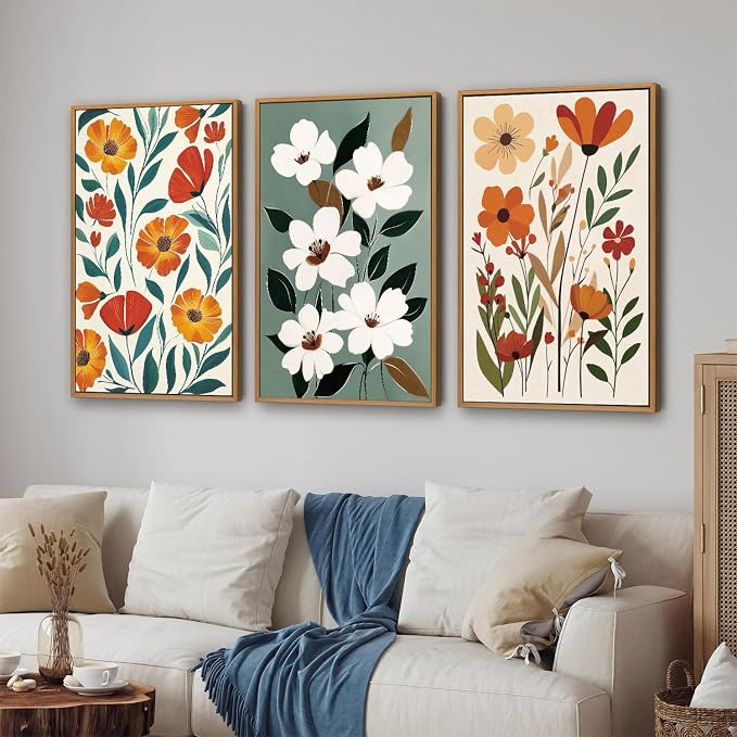 KaiWithYuan Vintage Floral Framed Canvas Wall Art, Boho Burnt Orange Flower Wall Decor, White Wild Flower Art Paintings, Retro Cozy Farmhouse Botanical Artwork for Bedroom Living Room Office 16"x24"x3