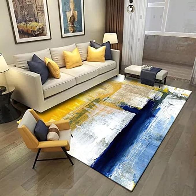Oil Painting Abstract Yellow Ink Blue Art Area Rugs, Modern Nordic Foldable Area Rug, Non Slip Absorbent Easy Clean Washable Floor Carpets for Living Room Bedroom Entryway Kitchen-4x6ft