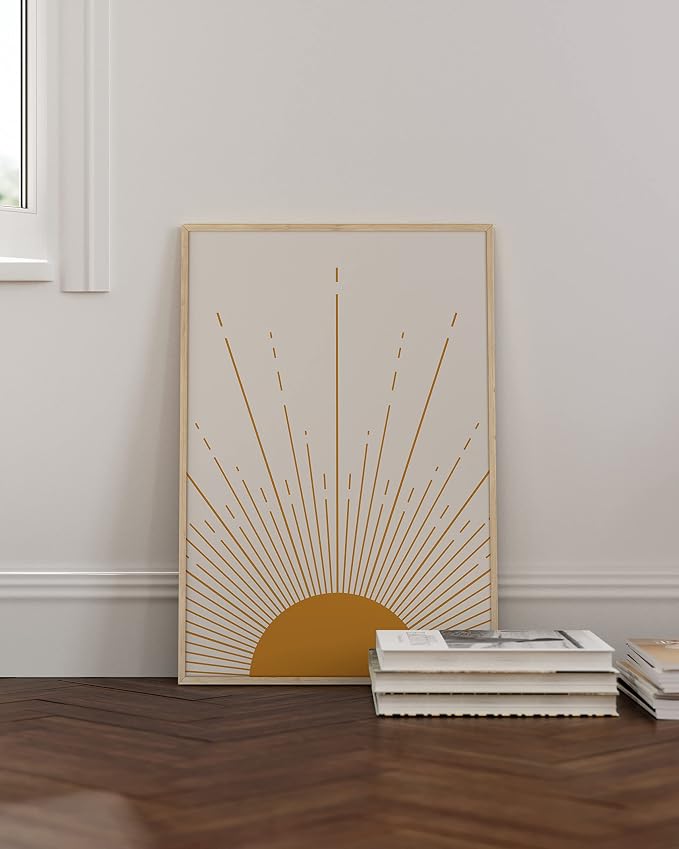 HAUS AND HUES Boho Framed Wall Art, Southwestern Wall Decor, Midcentury Geometric Sun Art, Contemporary Sun Print, Beige Frame 24x36 for Living Room