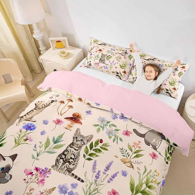 Erosebridal Cute Cat Comforter Cover Full Kitten Cat Lovers Bedding Set Beige Boho Watercolor Floral Duvet Cover for Kids Girls Boys Adults Funny Pet Animal Bed Set