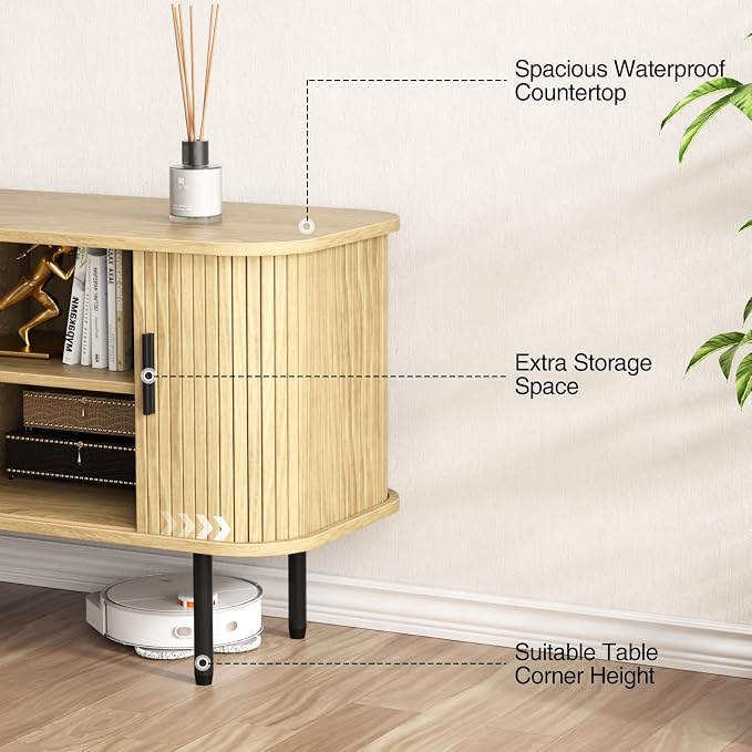 55''W Storage Cabinet, Fluted Sideboard Buffet Cabinet with Storage, Console Table Credenza with Tambour Slatted Sliding Doors and Shelves, Modern TV Stand for Living Room, Kitchen, Entryway, Natural