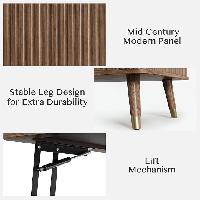 Lift Top Coffee Table with Storage, Mid Century Modern Rectangular Center Table, Fluted Design with Hidden Compartment, Rising Desk for Work from Home, Living Room Furniture, Walnut Finish