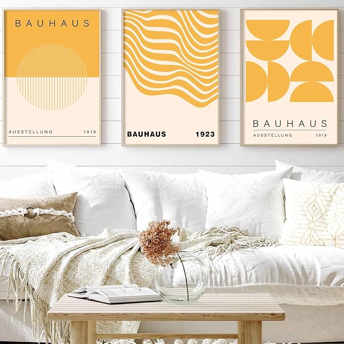 Geometric Line Wall Art Abstract Shape Prints Bauhaus 1923 Poster Beige and Yellow Wall Art Mid Century Modern Artwork Bauhaus Exhibition Poster Boho Modern Pictures for Living Room 16x24inch Unframed