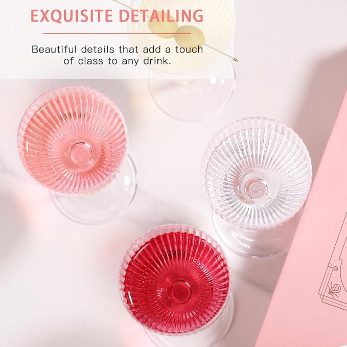 Nick and Nora Cocktail Glasses - Coupe Glasses Set of 6, Vintage Ribbed Martini Glassware, Crystal Cordial Cups for Whiskey, Gin, Vodka, Champagne, 5 Oz,Valentines Day Gifts For Her