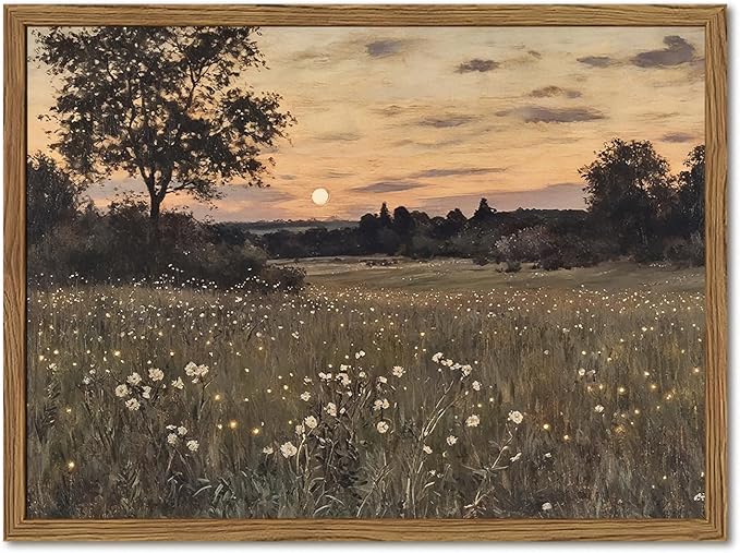 Vintage Farmhouse Wall Art, Rustic Floral Wall Decor Paintings, Twilight Firefly Artwork Painting Field Nature Landscape Canvas Prints for Bedroom Living Room 16x24 inch Wood Framed