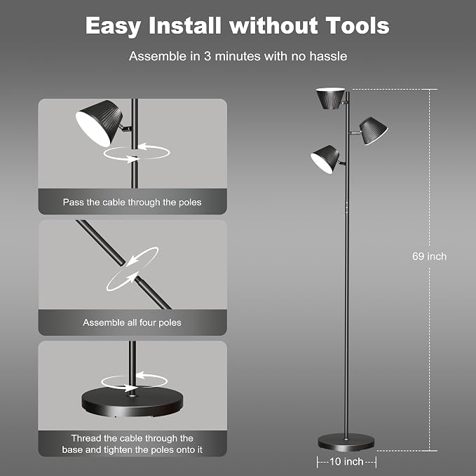 LED Tree Floor Lamp 42W, 4200 Lumens Super Bright Floor Lamps for Living Room with Remote & Touch Control, 3 Rotatable Lights 4 Color Temperatures, Modern Tall Standing Lamp for Bedroom Office