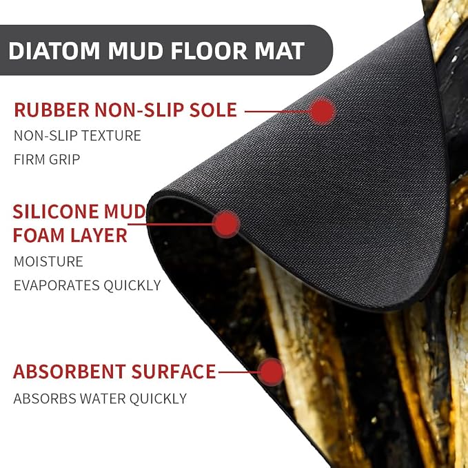 Diatomaceous Earth Bath Mat,Black Grey Gold Marble Texture Non-Slip Volume Super Absorbent Fast Drying for Bathroom Kitchen Door mat,Eco-Friendly Easy to Clean 20×31Inch(50 * 80cm)
