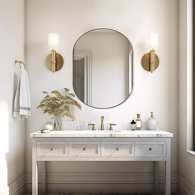 ANDY STAR 30x40'' Large Brass Oval Mirror, Brushed Brass Bathroom Mirrors Pill Shaped in Stainless Steel 1’’ Deep Wall Mounted Vertically & Horizontally