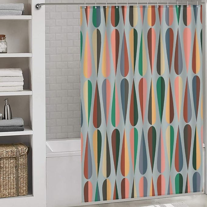 Retro 50s Shower Curtains Simple Drop Shapes Abstract Grid Gray Geometric Pattern Duty Fabric Shower Curtain Set Bathroom Polyester Waterproof with 12 Hooks, 55x72Inch（140x183cm）