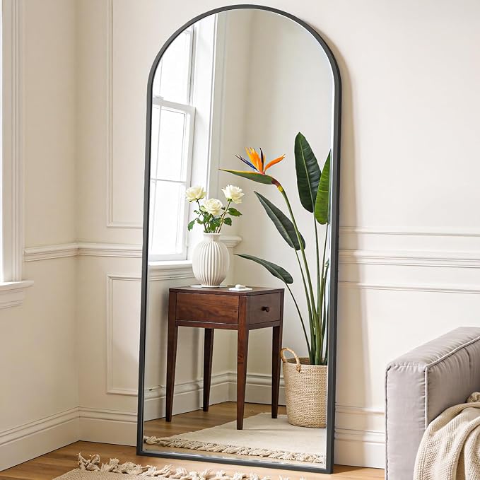 OLIXIS 64"x 21.5" Arched Mirror Full Length, Full Body Mirror with Stand, Hanging or Leaning for Wall, Floor Standing with Shatter-Proof Glass for Bedroom, Living Room, Long, Black