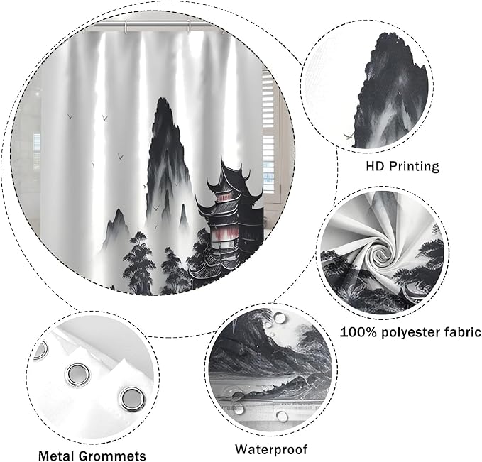 Abstract Ink Painting Shower Curtain Chinese Traditional Nature Landscape Mountains Lake Shower Curtains for Bathroom Accessories Waterproof Polyester Fabric with Hooks, 69 x 70 Inch
