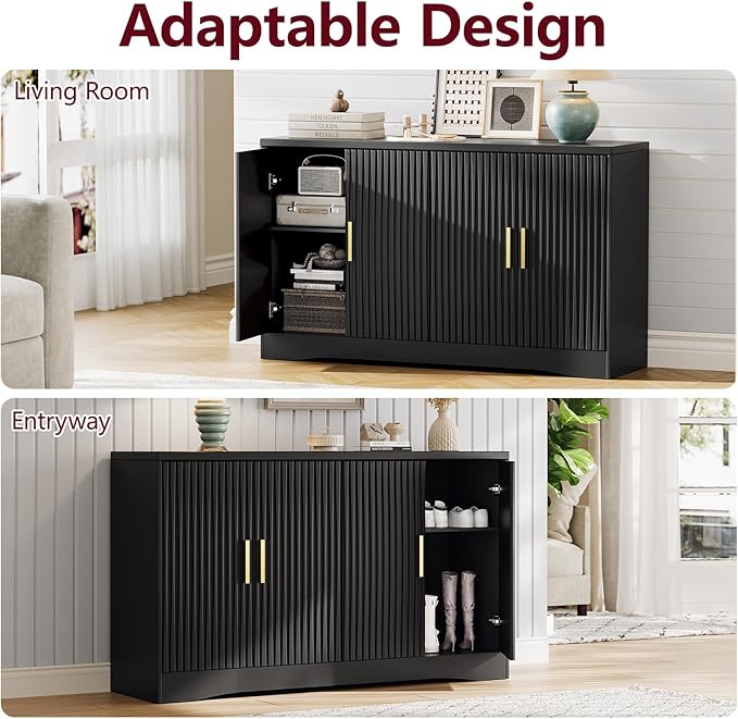 55" Modern Sideboard Buffet Cabinet with Storage, 4 Door Fluted Credenza Table Media Console Cabinet Entryway Cabinets for Living Room Kitchen, Black
