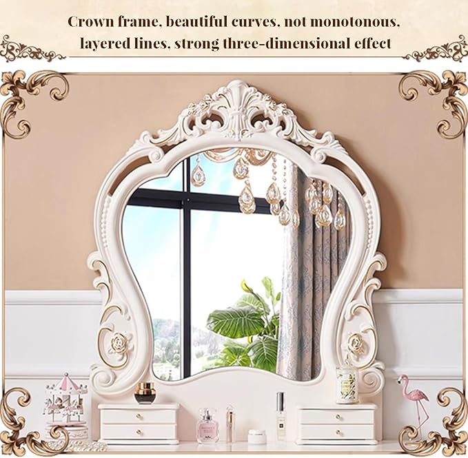 Dressing Table,Vanity Desk with Drawers and Cushioned Stool,Makeup Vanity Table Set with Mirror and Light,European Retro(D)