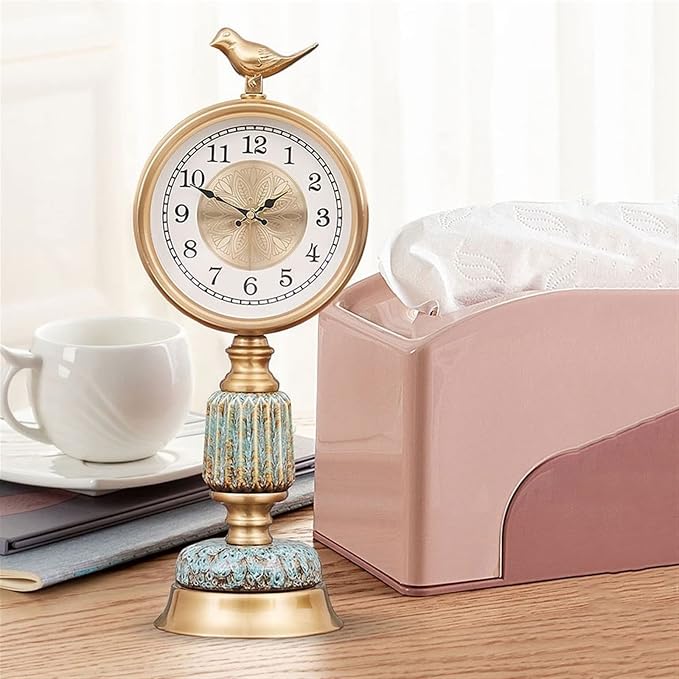 Desk Clock European Style Retro Decorative Clock Table Top Vertical Clock Ornaments Light Luxury Creative Ceramic Clock Body Suitable Home Bedroom Decor (Color : Brass)