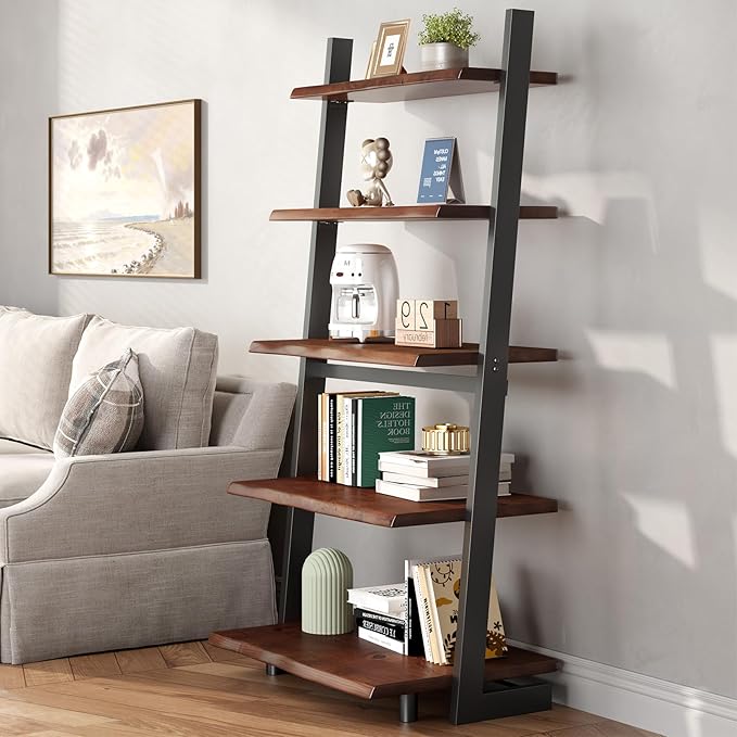 IBF 5-Tier Solid Wood Ladder Bookshelf with Natural Live Edge, Rustic Walnut Storage & Display Leaning Bookcase, Modern Space-Saving Shelf for Living Room, Bedroom, Home Office