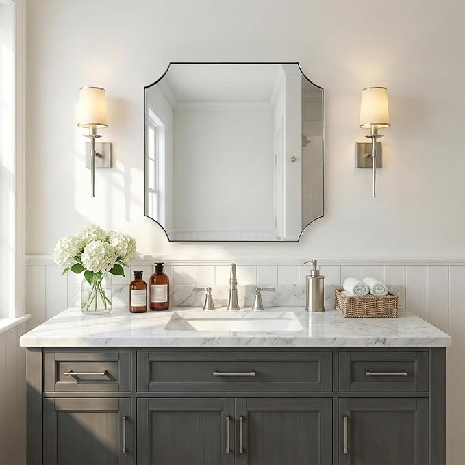ANDY STAR 30"x30" Chrome Bathroom Mirror, Square Vanity Mirror, Scalloped Wall Mirror in Rustproof Stainless Steel Thin Frame, Aesthetic Scalloped Corner Design, Ideal for Bathroom Remodel