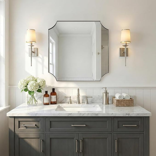 ANDY STAR 30"x30" Chrome Bathroom Mirror, Square Vanity Mirror, Scalloped Wall Mirror in Rustproof Stainless Steel Thin Frame, Aesthetic Scalloped Corner Design, Ideal for Bathroom Remodel