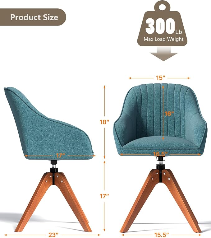 OS MOTOR Modern Swivel Accent Chair with Arms, Upholstered Desk Chair No Wheels, Mid-Century Fabric Armchair with Oak Wood Legs for Home Office, Bedroom, Vanity, Sky Blue