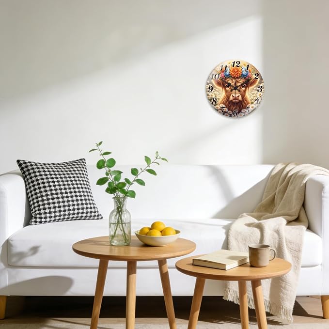 peacoblue Wall Clocks Battery Operated 12 Inch Highland Cattle with Flowers Glass Round Wall Clock Non Ticking for Kitchen Living Room Dining Room Bedroom and Bathroom Decor (Battery not Included)