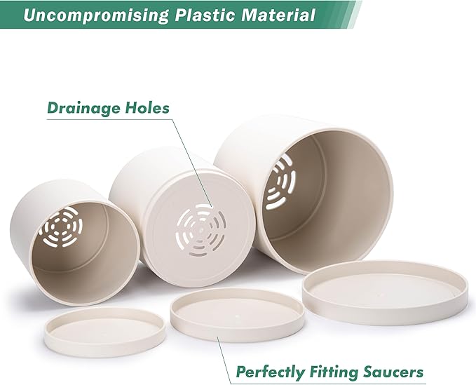 D'vine Dev 6.5 Inch 8 Inch 10 Inch, Set of 3 Plastic Planter Pots for Plants with Drainage Hole and Seamless Saucer, Oatmeal, Large, 74-V-H-4