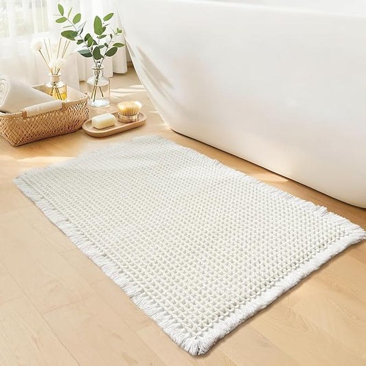 White Bathroom Rugs, Waffle Bath Mat Non Slip Washable, Super Absorbent & Quick Dry, Boho Bath Mat Farmhouse Bathroom Decor, 24'' x 36'', White