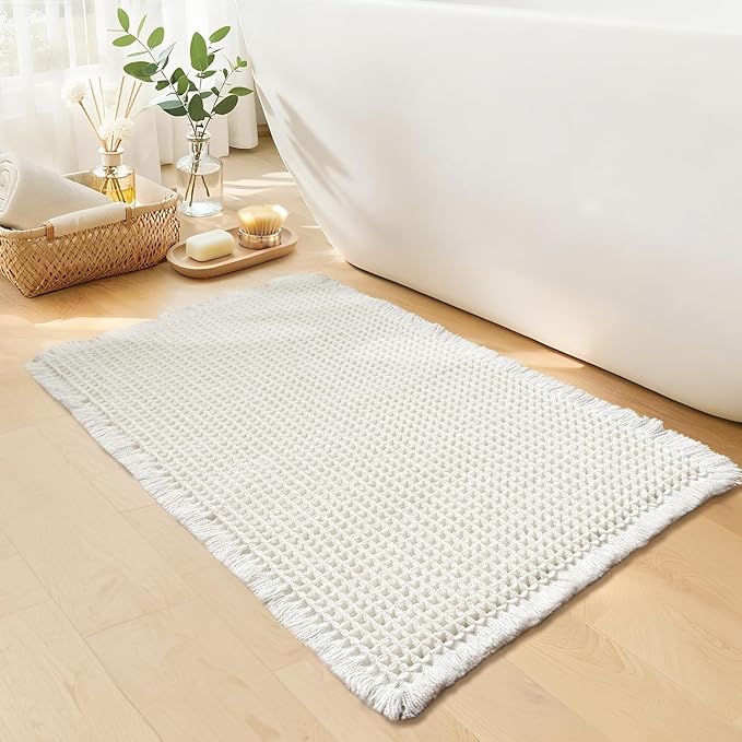 White Bathroom Rugs, Waffle Bath Mat Non Slip Washable, Super Absorbent & Quick Dry, Small Boho Bath Mat Farmhouse Bathroom Decor, 18'' x 30'', White