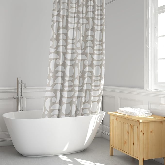 Linen Beige & White Abstract Shower Curtain – Boho Pattern – Modern Minimalist Scandi Style – Neutral Fabric Bathroom Decor – 72x72 Inches (Linen Half Circle)