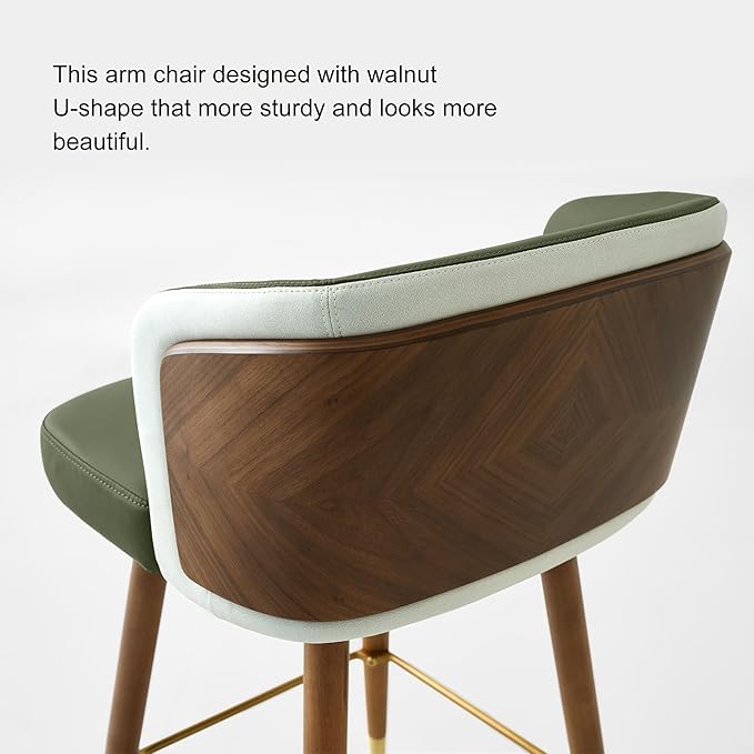 ARTPLAN Mid Century Modern Bar Stools Set of 4 for Counter Height - Leather Upholstered Seat with Walnut Wood Frame, Retro 34 Inch Bar Chairs for Home Kitchen Island, Bar, Breakfast Nook,Army Green
