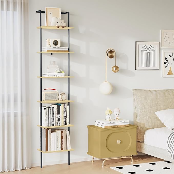 6-Tier Ladder Shelf, 77 Inches Wall Mounted Ladder Bookshelf with Metal Frame, Wood Tall Open Storage Rack and Display Shelves for Home Office Bedroom Living Room, Light Oak