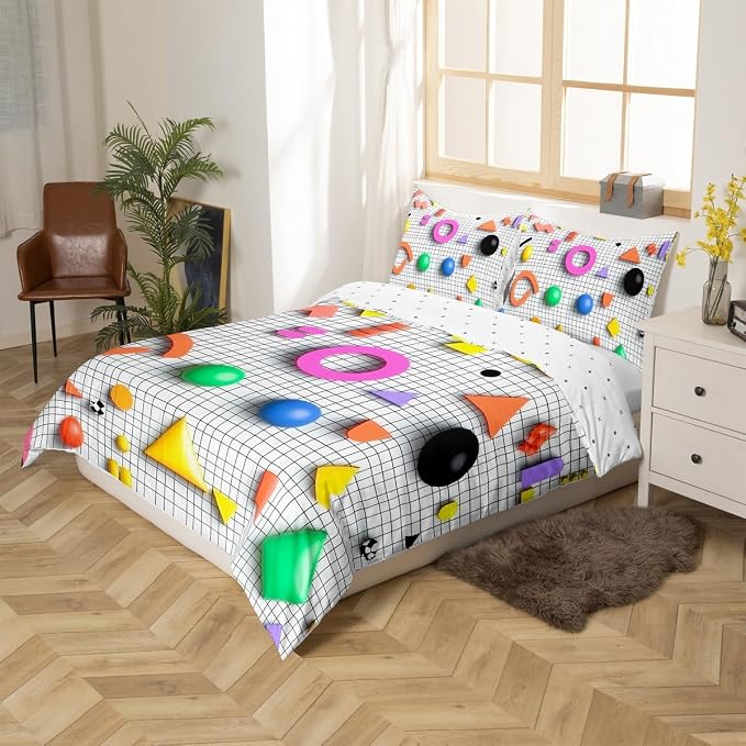 Memphis Style Duvet Cover Full Abstract Colorful Design with Dots Funky Bedding Set for Kids Child Girls Vintage Eighties Comforter Cover Memphis Fashion Bed Sets 80'S Style Retro 1980s Home Decor