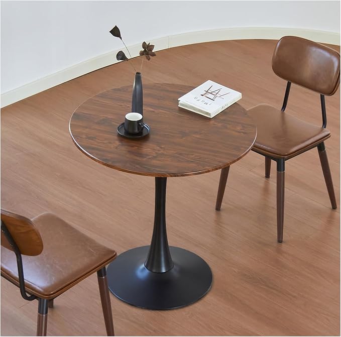 Round Dining Table, 24" Circle Tulip Table with Thickened Tabletop & Metal Pedestal, Mid Century Modern Bistro Table for Kitchen, Small Places, Living Room, Cafe (Brown)