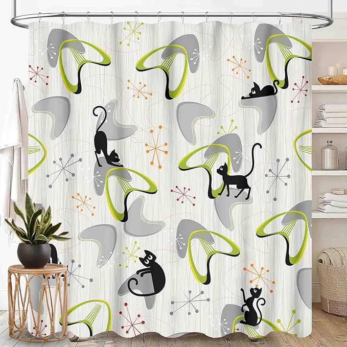 Mid Century Shower Curtain for Bathroom, Retro Geometric Modern Black Cat Abstract Atomic Pattern Lovely Kittey Rustic 1950s 1960s Grey Waterproof Fabric Shower Curtain Set with Hooks72"x84" Inch