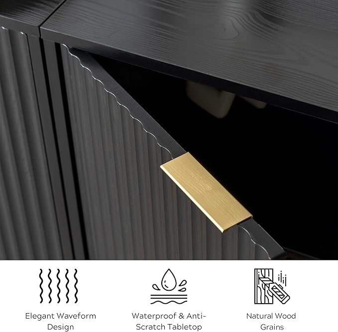 Fluted Cabinets with Storage Set of 2, Sideboard Buffet Cabinet with Adjustable Shelves, Modern Accent Console Table for Living Room Entryway, Black