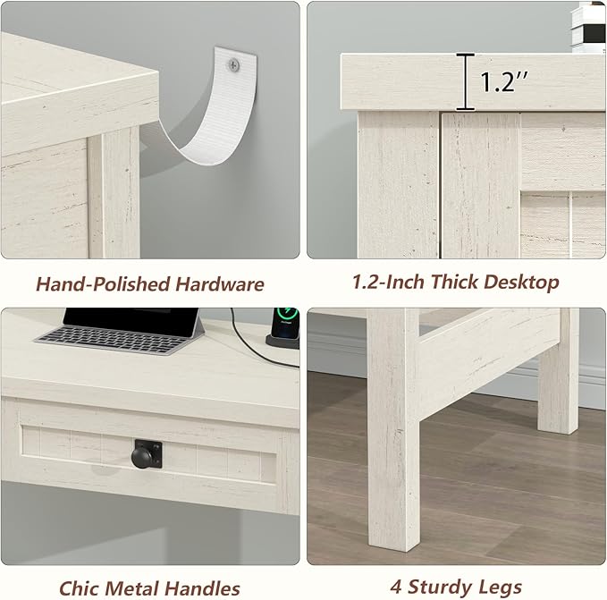 YOMILUVE Farmhouse Computer Desk with 2 Drawers, 39 Inch Small Office Computer Desk with Power Outlets, Compact Writing Study Vanity Desk for Small Spaces, White