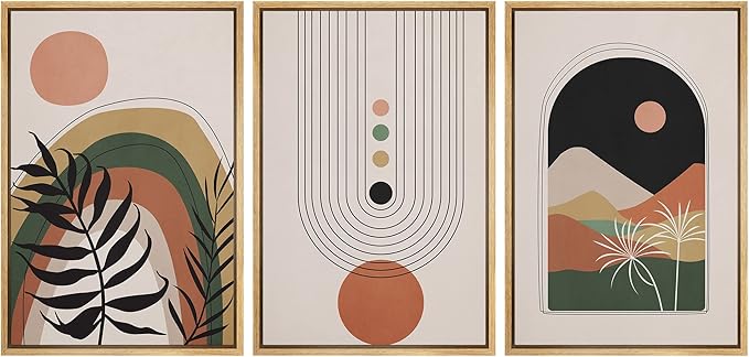 wall26 Framed Canvas Print Wall Art Set Boho Mid-Century Geometric Desert Plant Landscape Nature Abstract Illustrations Modern Bohemian Decorative for Living Room, Bedroom, Office - 16"x24"x3 Natural