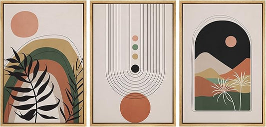 wall26 Framed Canvas Print Wall Art Set Boho Mid-Century Geometric Desert Plant Landscape Nature Abstract Illustrations Modern Bohemian Decorative for Living Room, Bedroom, Office - 24"x36"x3 Natural