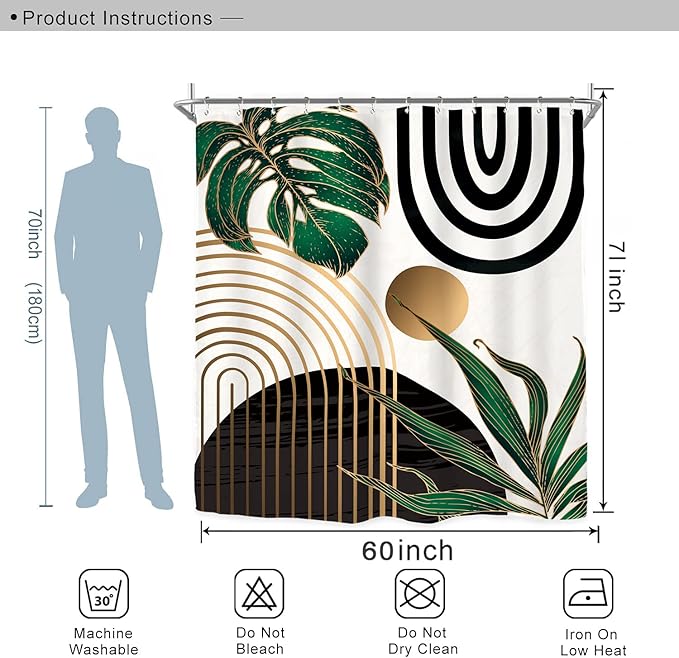 Miyotaa Abstract Emerald Green Shower Curtain Set 60Wx71H Inches Mid Century Minimalist Modern Tropical Leaves Geometric Contemporary Polyester Waterproof Bathroom Curtain with 12 Hooks