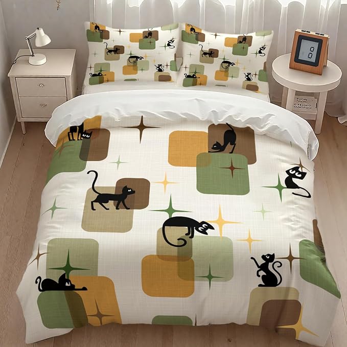 Retro Black Cat Bedding Set,Mid Century 1950s 1960s Abstract Atomic Colorful Geometric Pattern Modern Comforter Set with Pillowcase for Bedroom Bed Decor,Queen 90"x90"