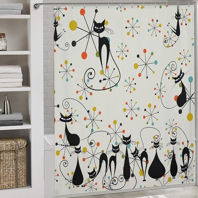 Mid Century Atomic Cat Shower Curtains, Atomic Abstract Geometric Cat Retro Pattern Waterproof Shower Curtains for Bathroom Decor 12 Pack Hooks 72x72in (183x183cm)