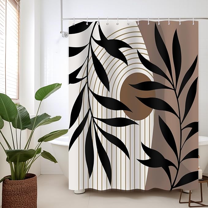 Brown Shower Curtain Boho Mid Century Dark Brown Shower Curtains for Bathroom Decor, Black and Tan Waterproof Cloth Fabric with Hooks, 60" W x 72" L