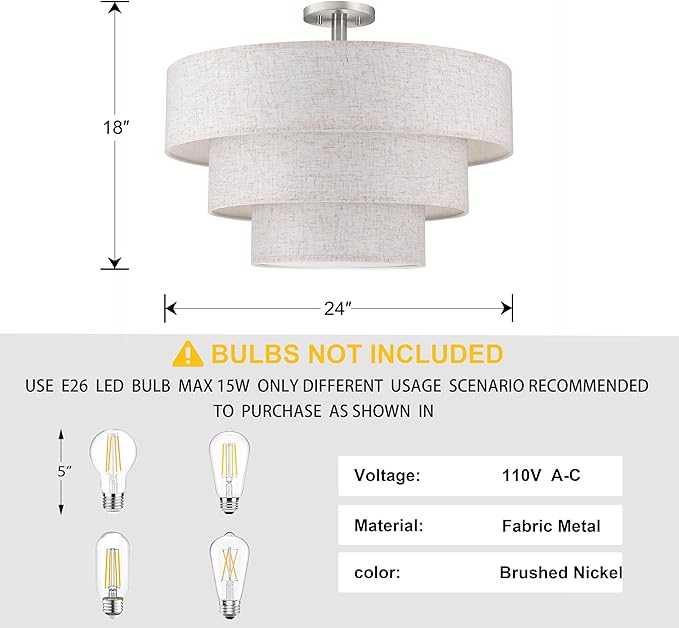 Doraimi Lighting 3 Tier Cream Linen Drum Fabric Semi Flush Mount Light Modern Farmhouse Decor 7 Light 24 Inch Brushed Nickel Finish for Kitchen Living Room Dining Room Corridor Hallway