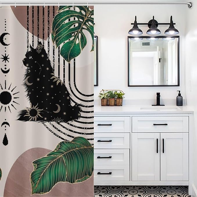 Boho Mid Century Cat Shower Curtain Retro Moon Star Leaves Black Cat Geometric 70s Vintage Waterproof Shower Curtains for Bathroom Decor 12 Pack Hooks 66x72in（168x183cm）
