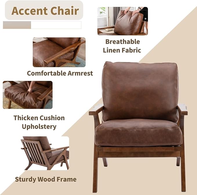 HNY Mid Century Arm Chairs Set of 2, Retro Accent Armchair with Wood Frames & Faux Leather Upholstered Removable Cushions, Leisure Reading Chair Slipper Chair for Living Room Bedroom, Brown