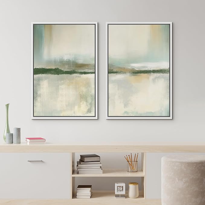 IDEA4WALL Framed Canvas Print Wall Art Set Serene Lake Landscape Abstract Illustrations Modern Art Decorative Coastal Cottage Seascape for Bedroom - 24"x36"x2 White