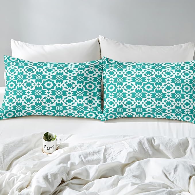 Turquoise Geometric Floral Duvet Cover Toddler for Kids Boys Girls,Elegant Retro Floral Comforter Cover,Abstract Flower Art Bedding Set,Modern Aesthetic Bed Set with 1 Pillowcase Bedroom Decor