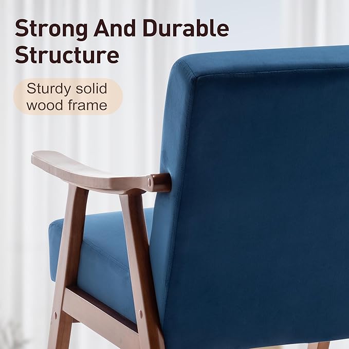 Furnimart Bule Velvet Accent Chair, Mid Century Modern Living Room Chair with Wood Frame, Comfy Armchair Wingback Chair for Office Study Vanity Bedroom Waiting Room